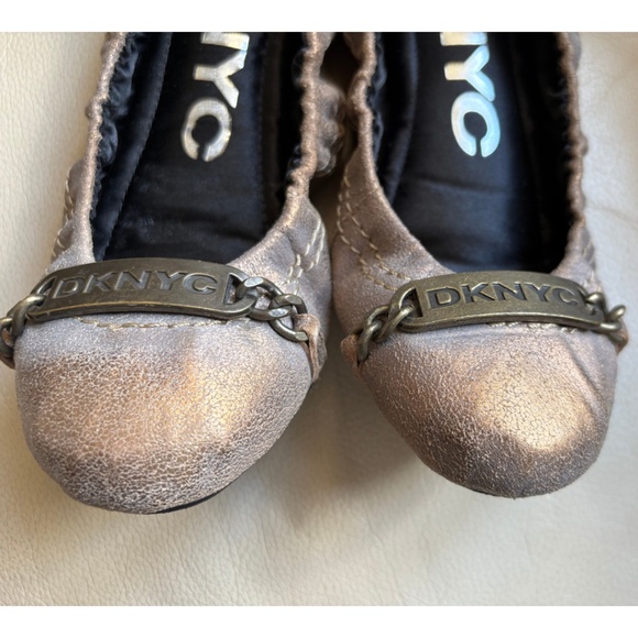 DKNYC Metallic Bronze Ballet Flats with Logo Chain Detail - Picture 4 of 8